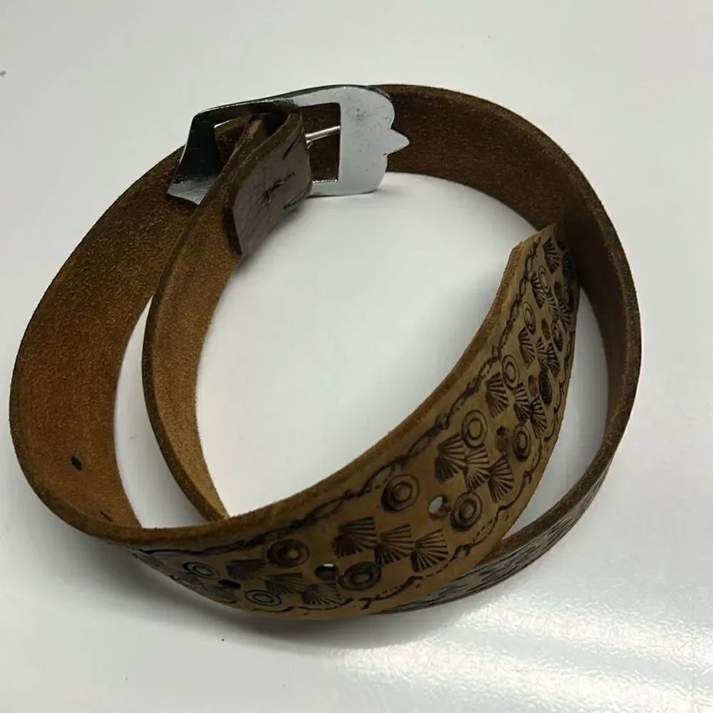 Brown Western Leather Embossed Floral Inspired Belt with Shiny Silver Hardware